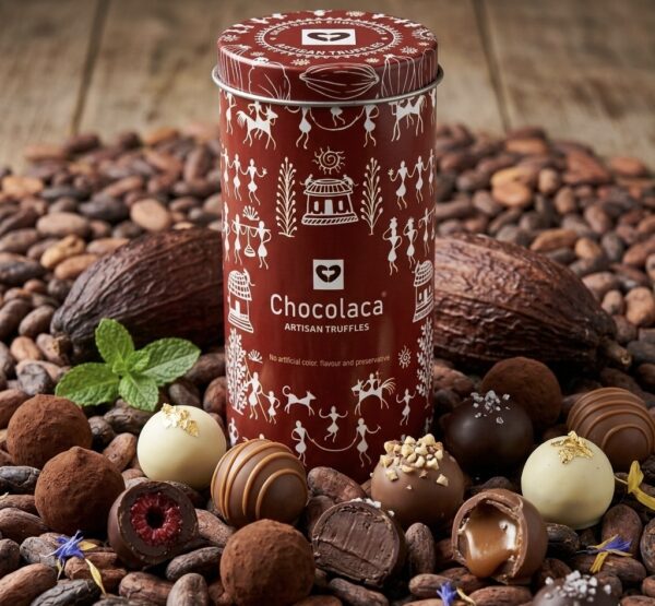 Exotic artisan truffles in a saura tribal printed tin